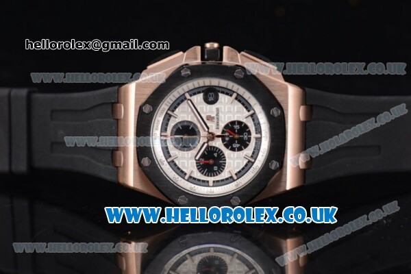 Audemars Piguet Royal Oak Offshore Chrono Miyota OS Quartz Rose Gold Case with White Dial Black Rubber Strap and Black Subdials (EF) - Click Image to Close